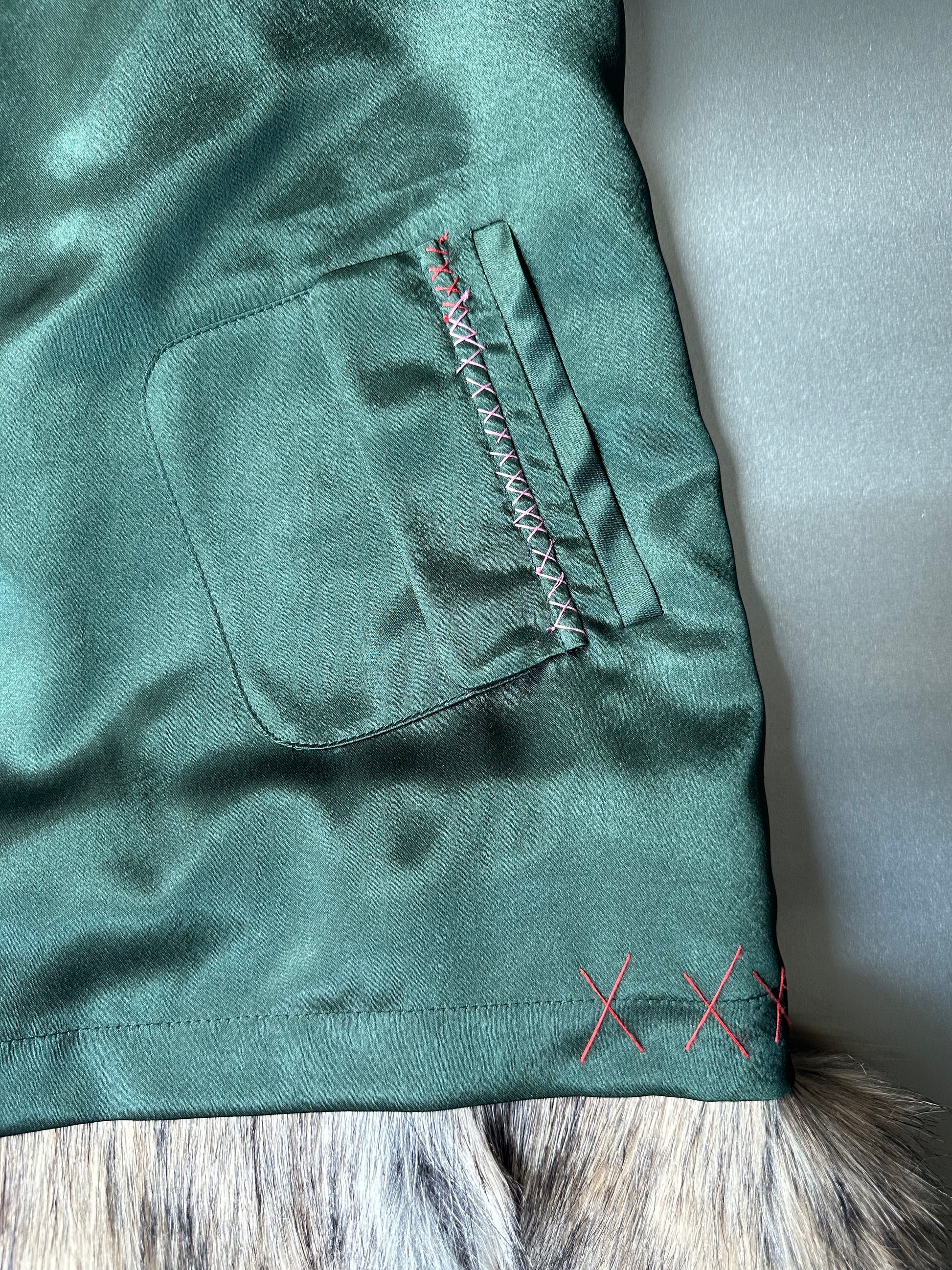 Military Green Satin &amp; Faux Fur Dress