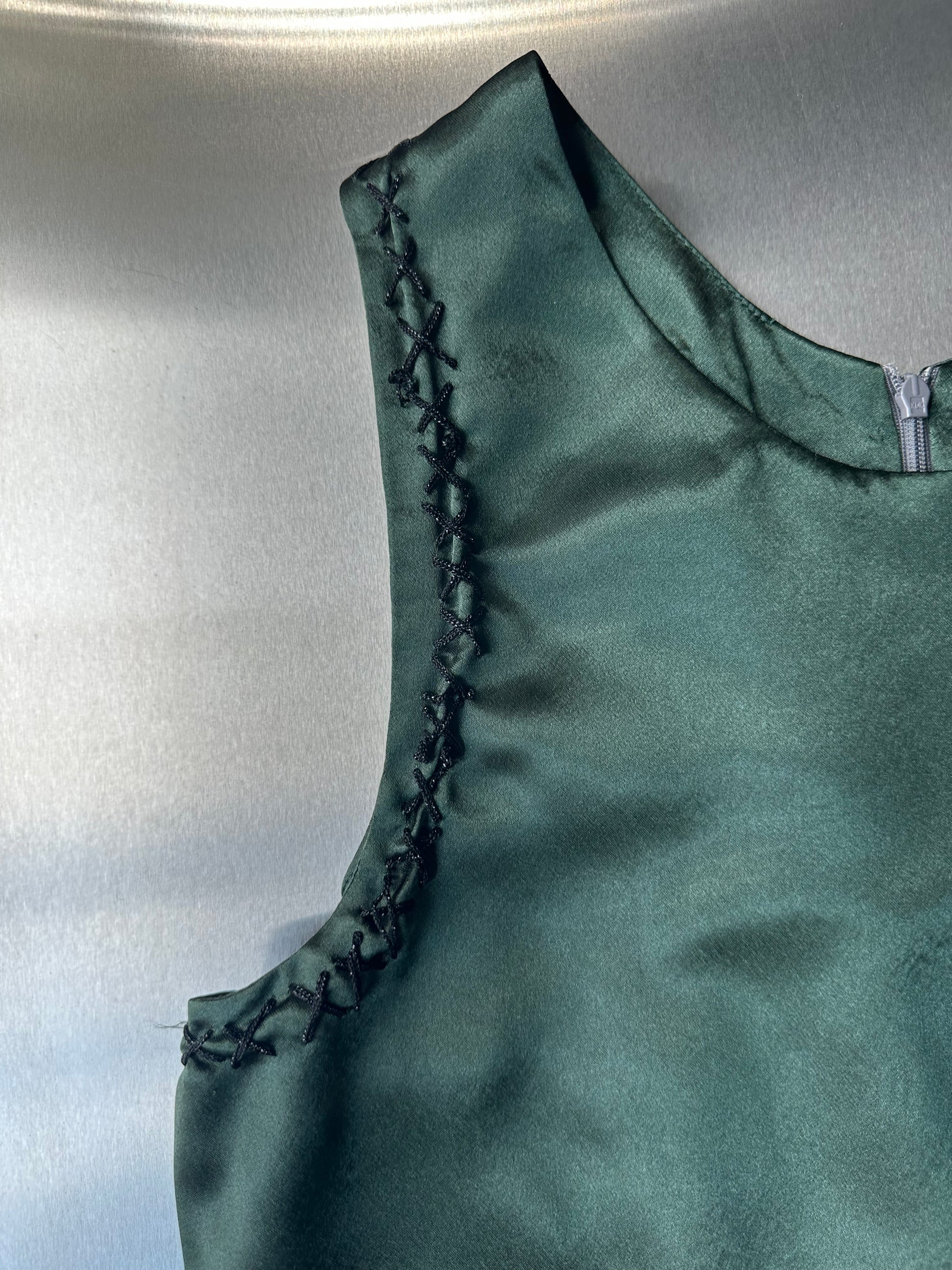 Military Green Satin &amp; Faux Fur Dress