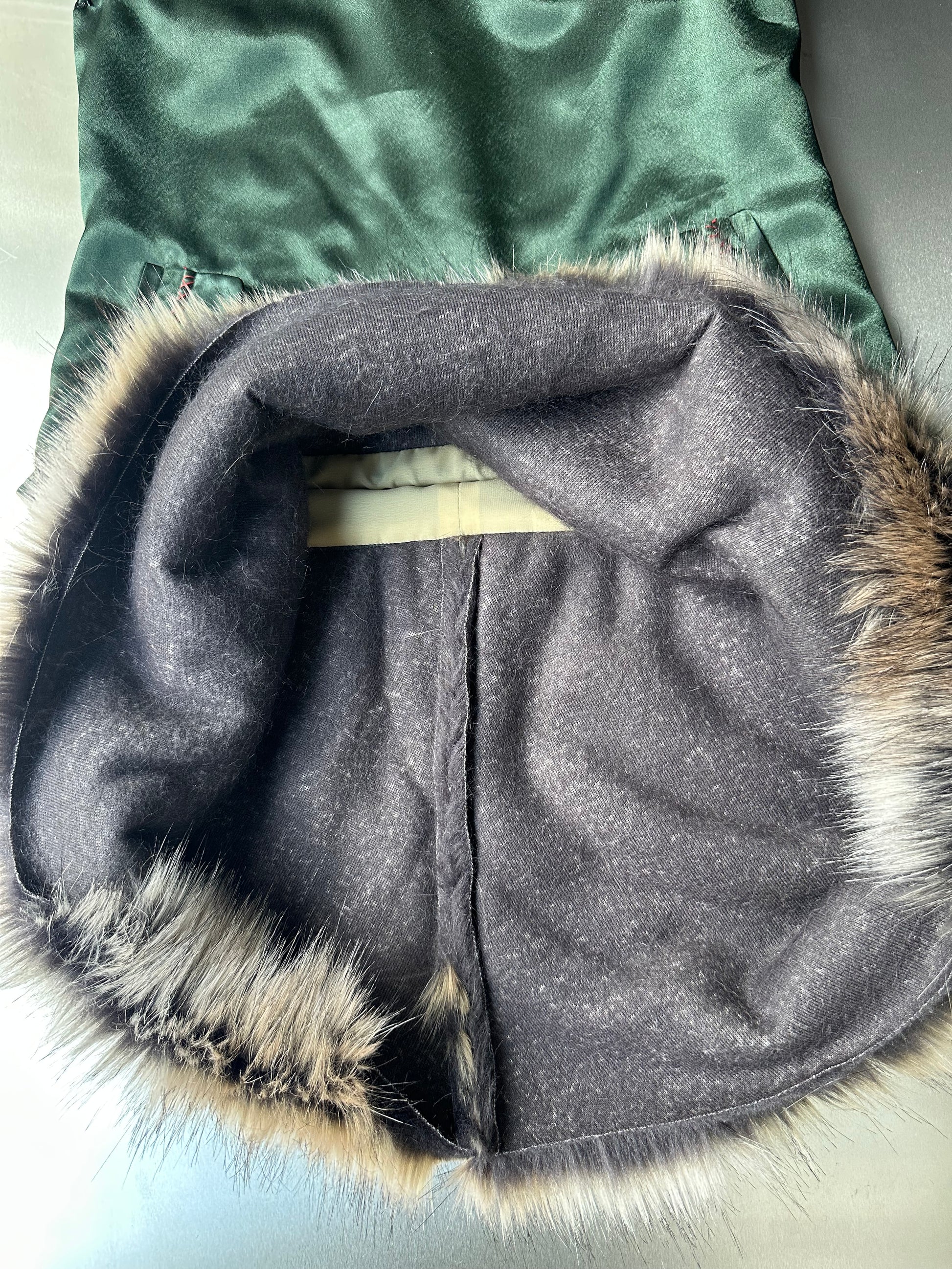 Military Green Satin &amp; Faux Fur Dress
