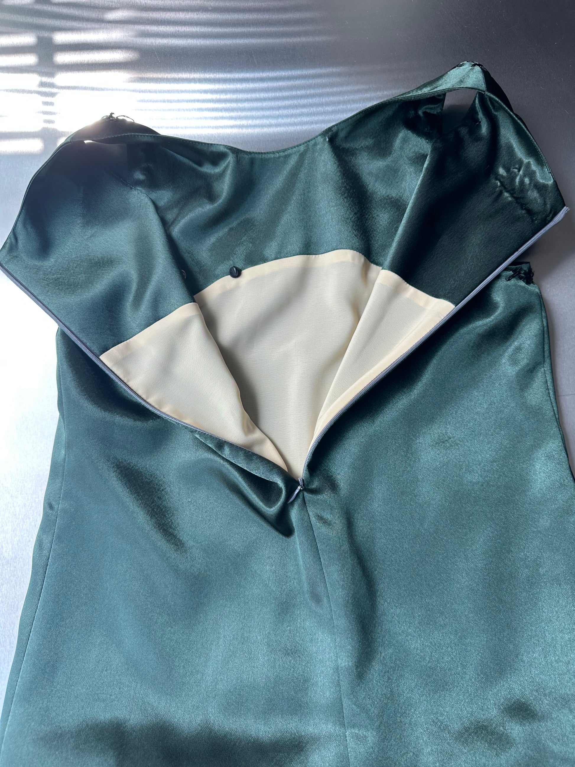 Military Green Satin &amp; Faux Fur Dress