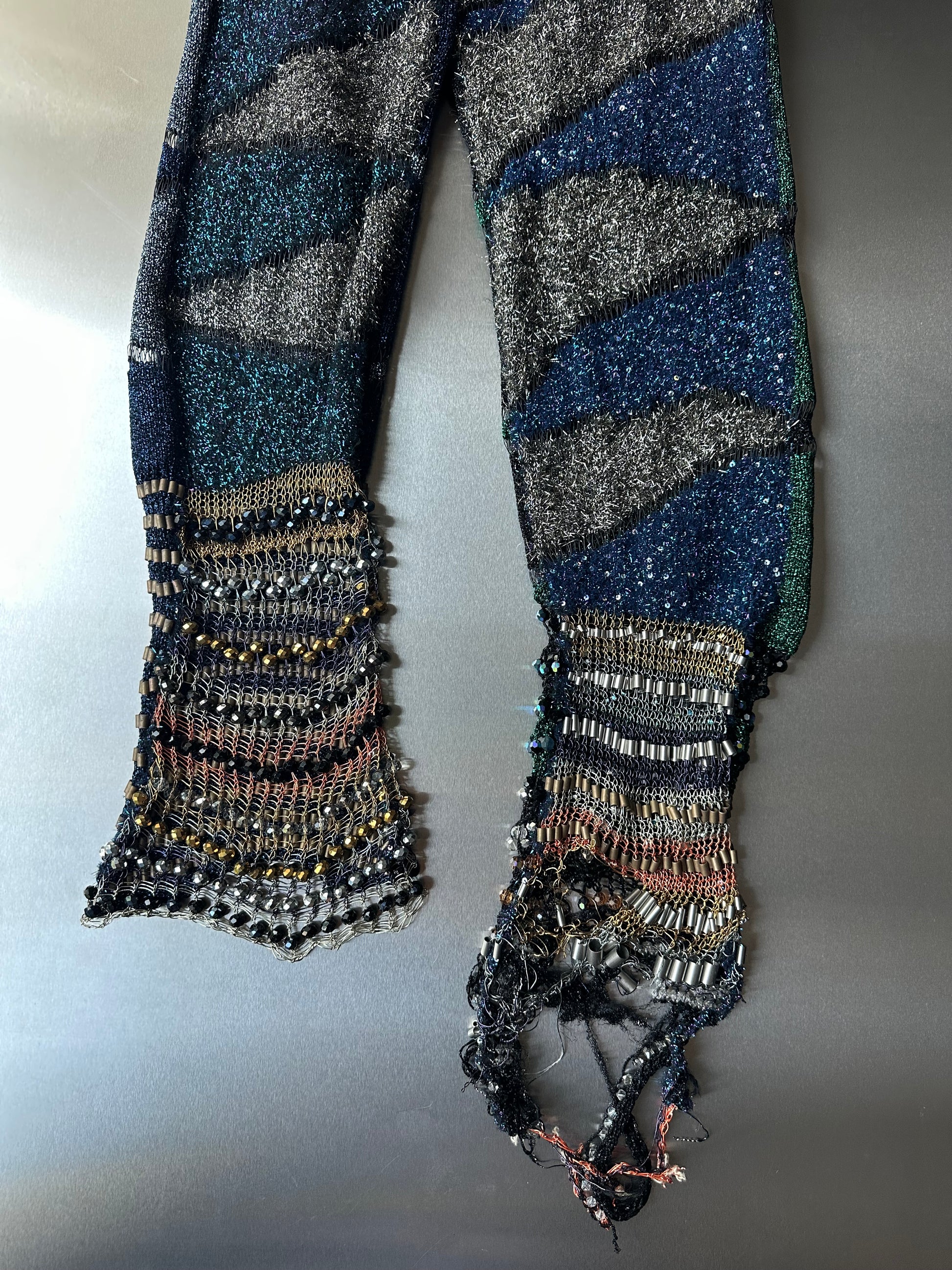 Look 5: Lucid Weaver (Couture Hand-Beaded Geometric Knit Trousers)