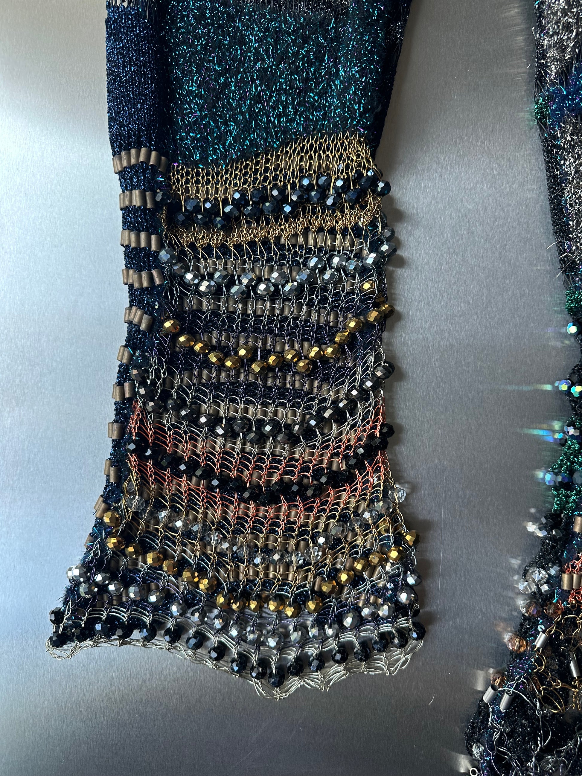 Look 5: Lucid Weaver (Couture Hand-Beaded Geometric Knit Trousers)
