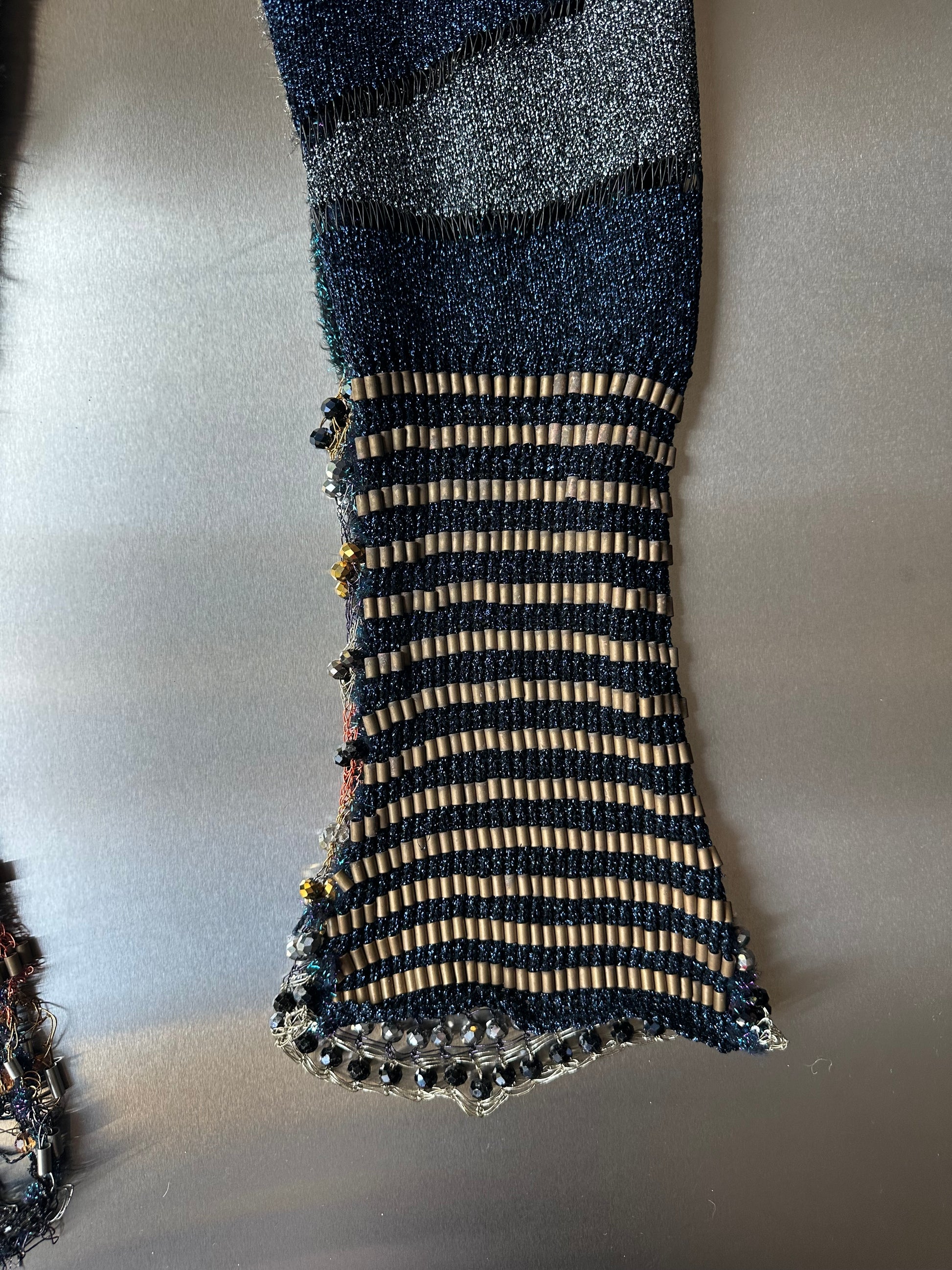 Look 5: Lucid Weaver (Couture Hand-Beaded Geometric Knit Trousers)