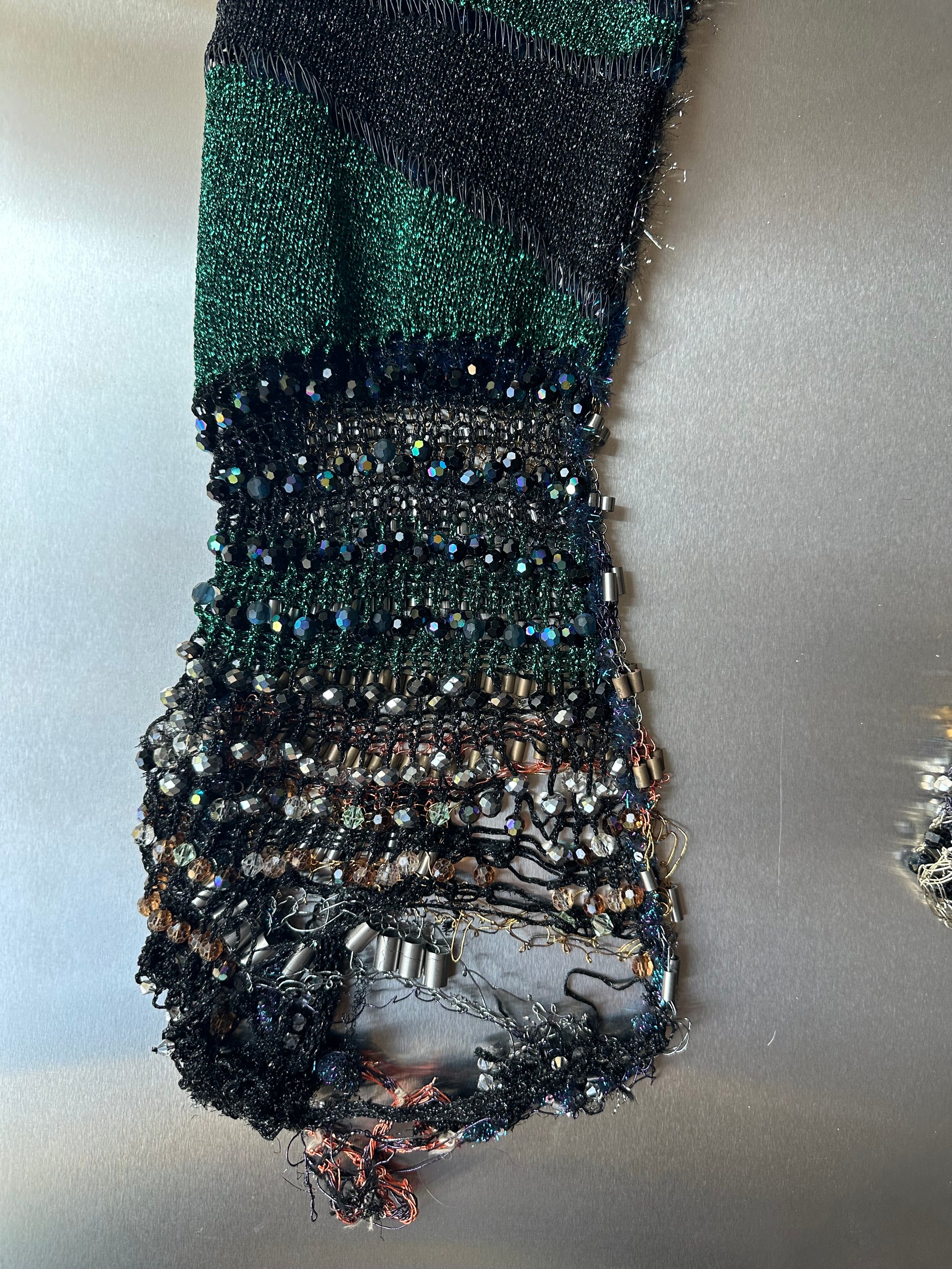 Look 5: Lucid Weaver (Couture Hand-Beaded Geometric Knit Trousers)