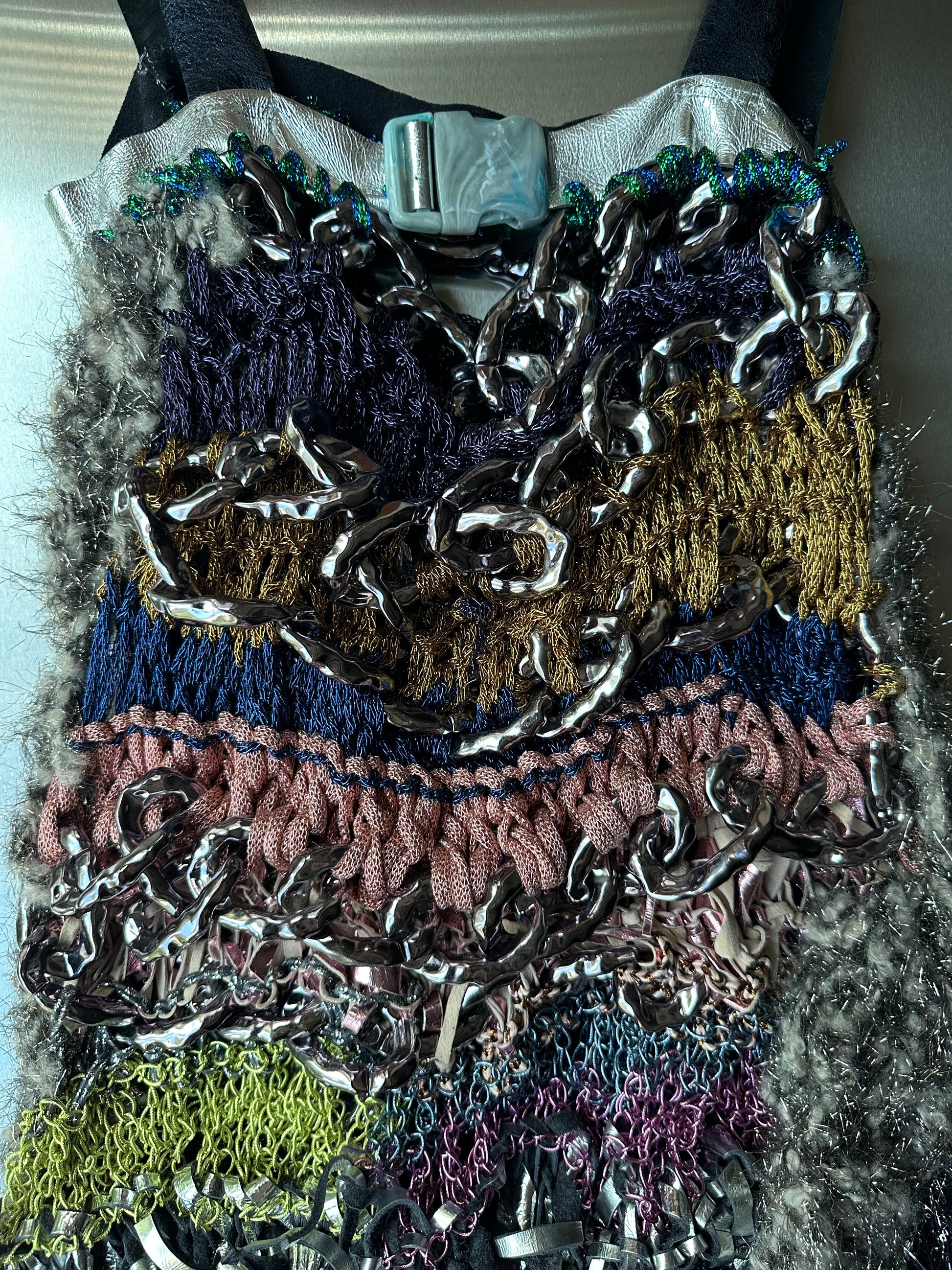 Look 4: Netborn Oracle (One-of-One Hand-Knitted Metal Chain Sculptural Boning Dress)