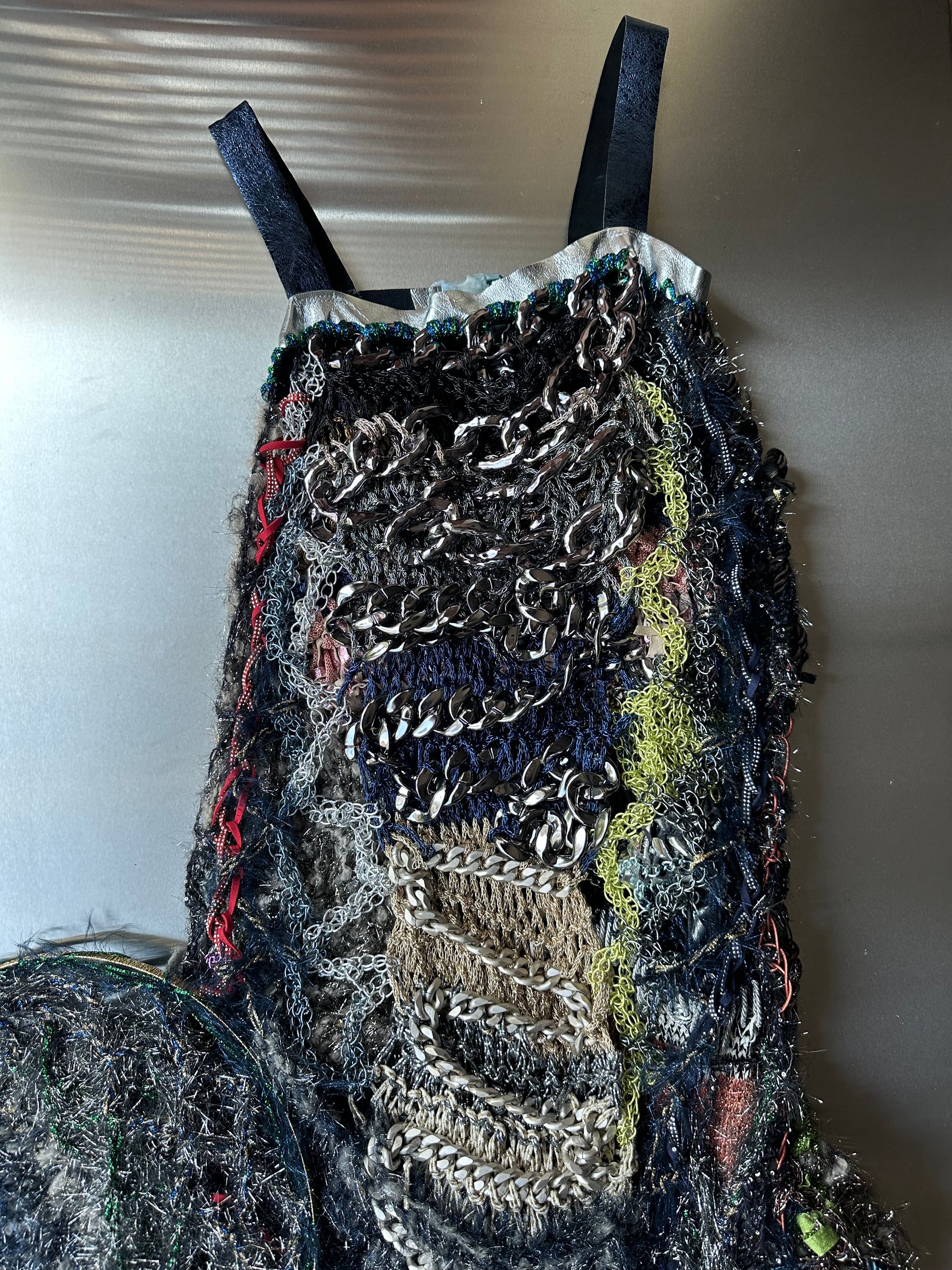 Look 4: Netborn Oracle (One-of-One Hand-Knitted Metal Chain Sculptural Boning Dress)