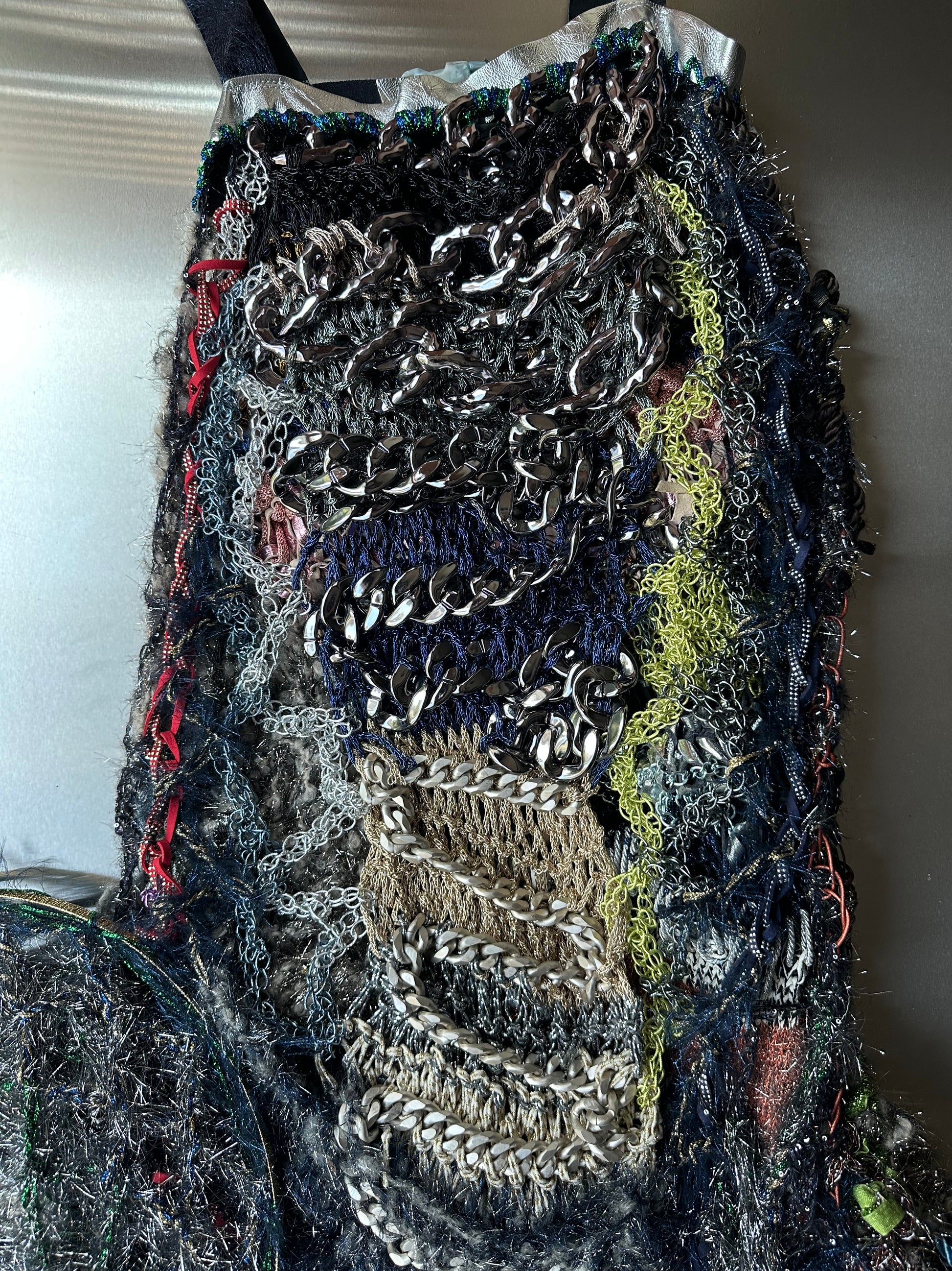 Look 4: Netborn Oracle (One-of-One Hand-Knitted Metal Chain Sculptural Boning Dress)