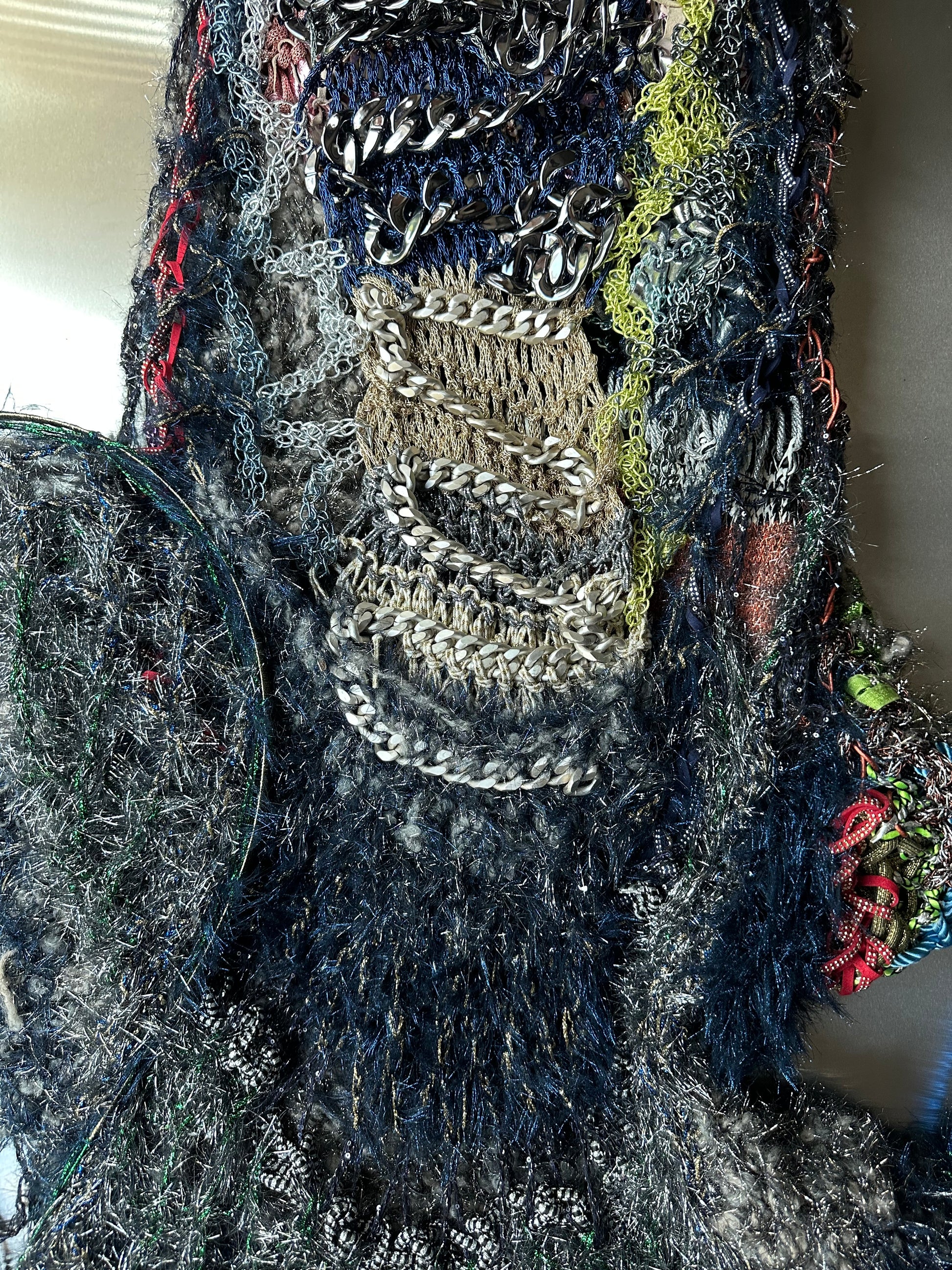 Look 4: Netborn Oracle (One-of-One Hand-Knitted Metal Chain Sculptural Boning Dress)