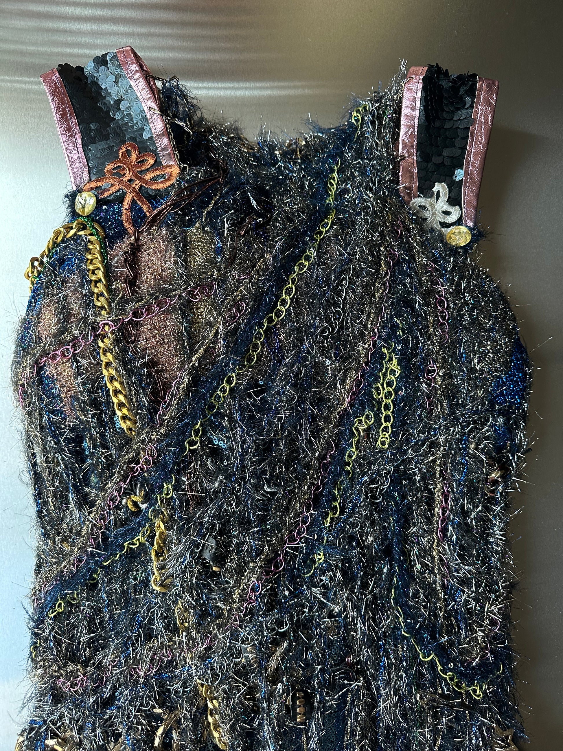 Look 1: Starforged Carapace (One-of-One Hand-Crocheted Metal Mixed-Media Couture Dress)