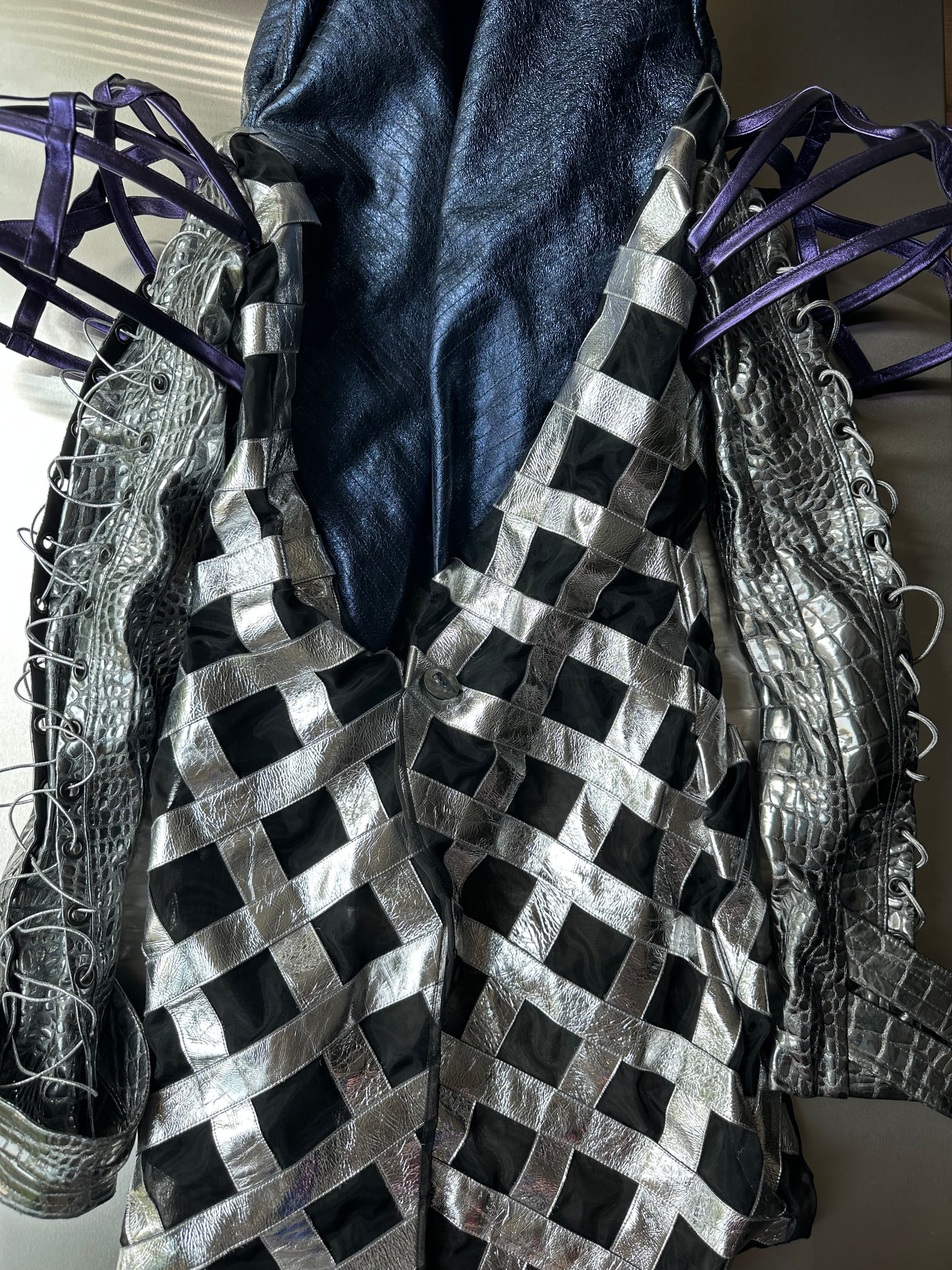 LOOK 7： Quantum Monarch (COSMIC CHEMIRA Metallic Leather Hooded Couture Jacket &amp; Wide Leg Trousers Set)