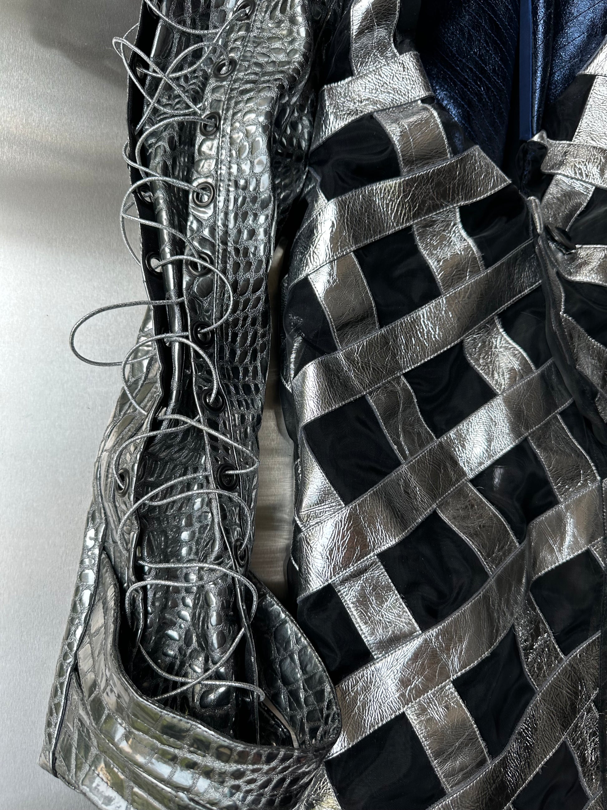 LOOK 7： Quantum Monarch (COSMIC CHEMIRA Metallic Leather Hooded Couture Jacket &amp; Wide Leg Trousers Set)