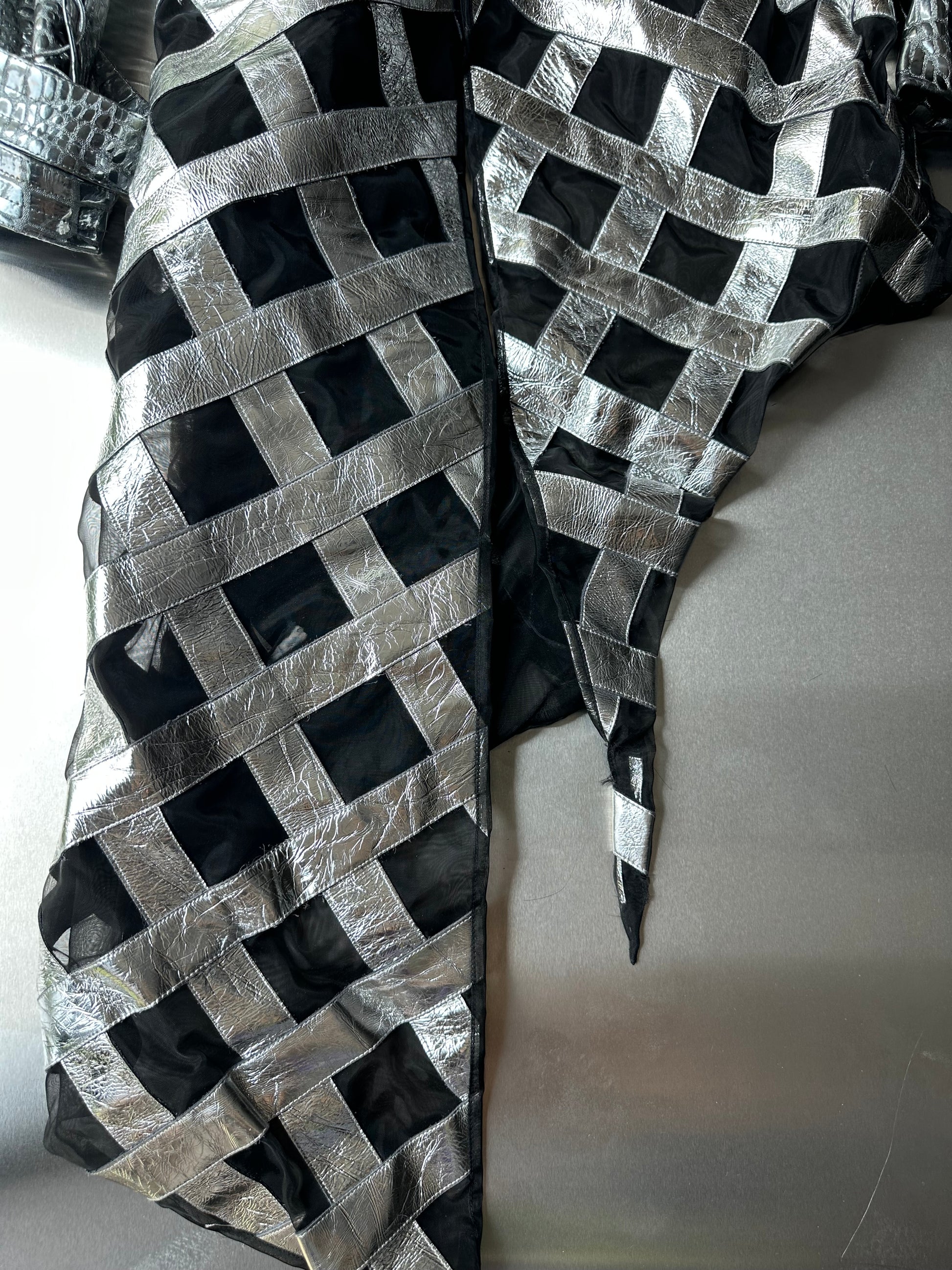 LOOK 7： Quantum Monarch (COSMIC CHEMIRA Metallic Leather Hooded Couture Jacket &amp; Wide Leg Trousers Set)
