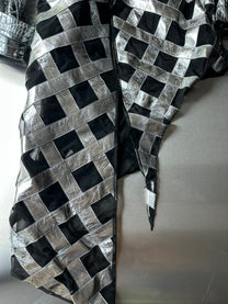 LOOK 7： Quantum Monarch (COSMIC CHEMIRA Metallic Leather Hooded Couture Jacket &amp; Wide Leg Trousers Set)