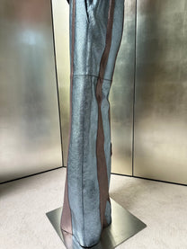 ORION VEIL(MEN) ：Asymmetric Metallic Leather Hybrid Trousers