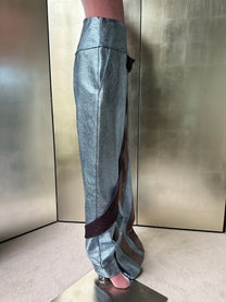 ORION VEIL(WOMEN) ：Asymmetric Metallic Leather Hybrid Trousers